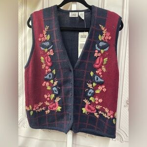 Lucia Floral Embroidered Vintage New Plaid Cottagecore Navy size M Sweater Vest
